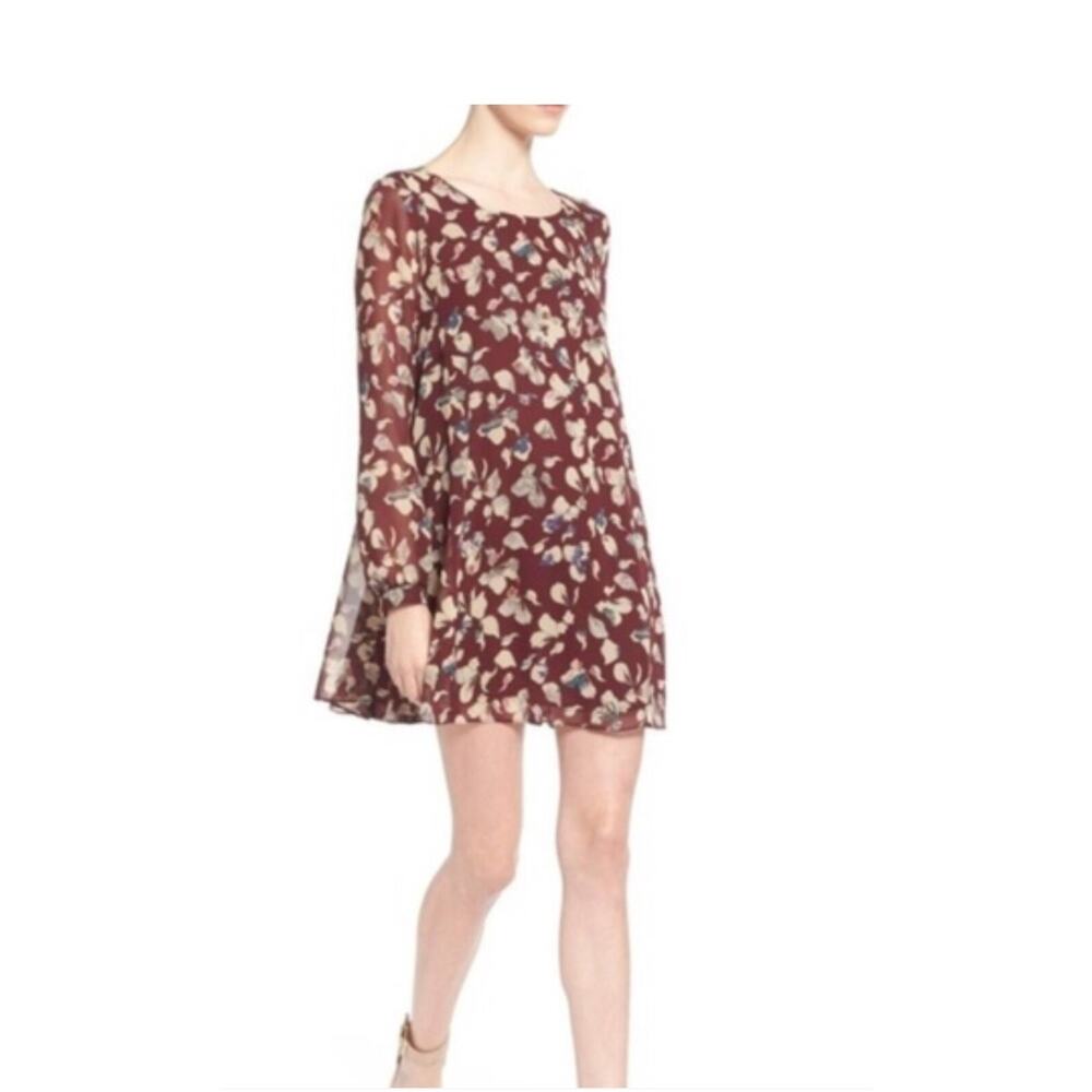 ASTR the Brand Wine Floral Lined Long Sleeve Shift Dress Small